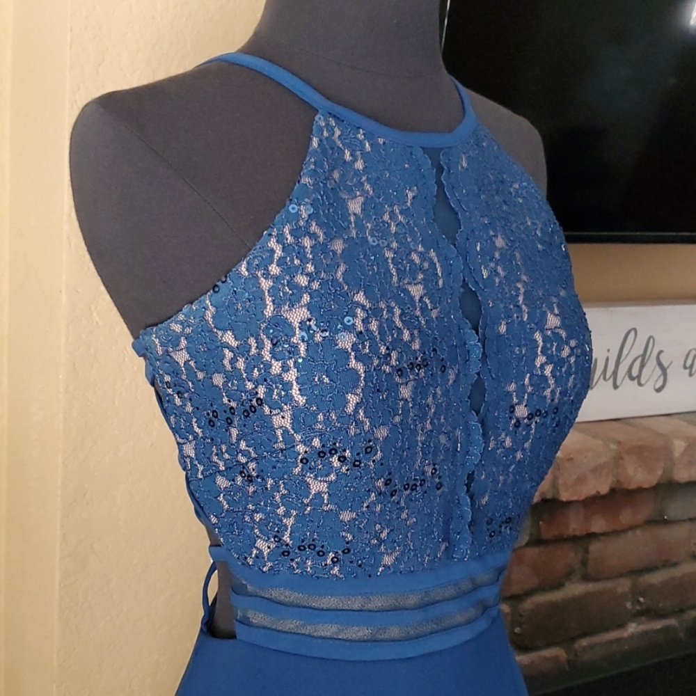 Morgan & Co. Teal Sequin Floral Lace Women's Formal Dress JUNIORS SIZE: 5/6 - Picture 5 of 16